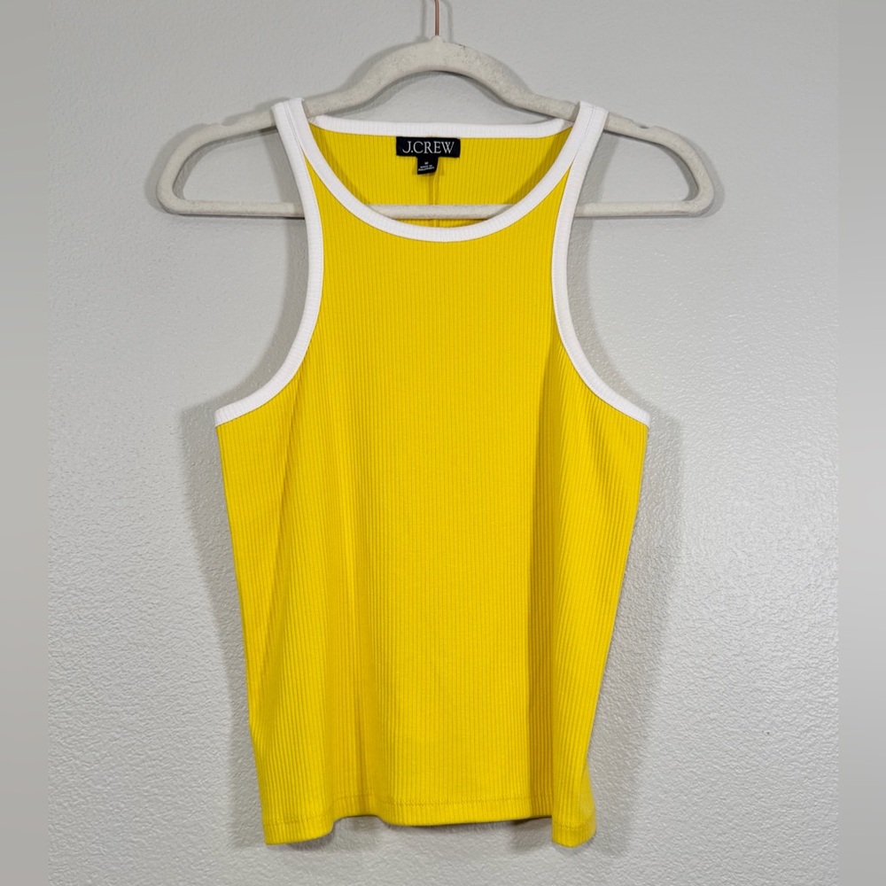 J. Crew Vintage Ribbed High Neck Crop Tank Top Shirt Yellow White Trim Women Med
